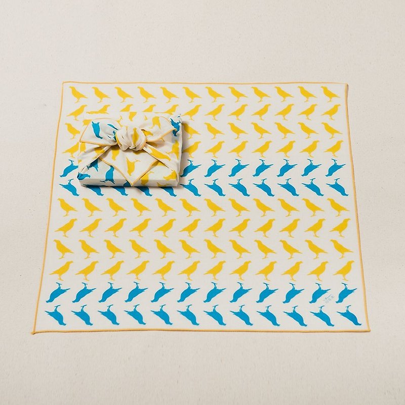 Furoshiki Cloth / Crested Myna No.5 / Energy Yellow & Blue - ผ้าเช็ดหน้า - ผ้าฝ้าย/ผ้าลินิน 