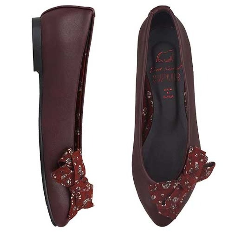 【Korean Style】SPUR Vintage flower flats EF7034 WINE - Women's Casual Shoes - Genuine Leather Red