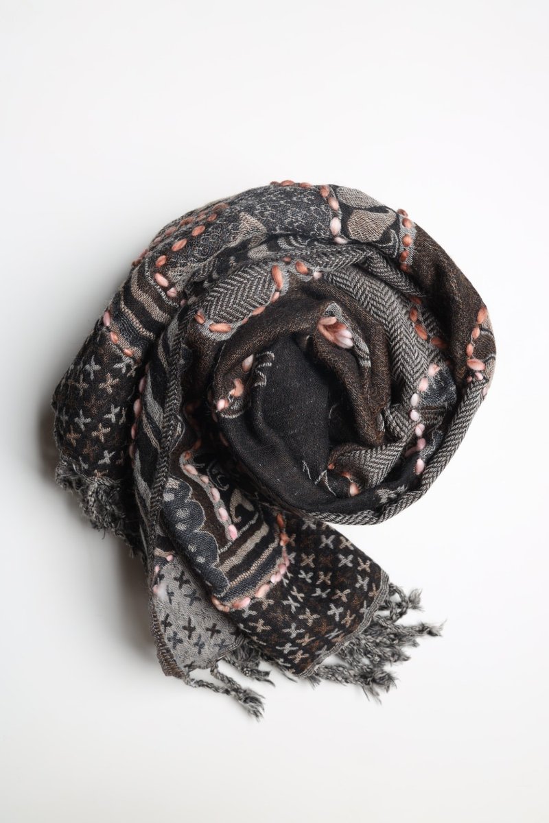 [Valentine's Day Gift] Cashmere Boiled Wool Hand-Embroidered Scarf Shawl Black Coffee Herringbone Pattern Quick - Knit Scarves & Wraps - Wool Brown