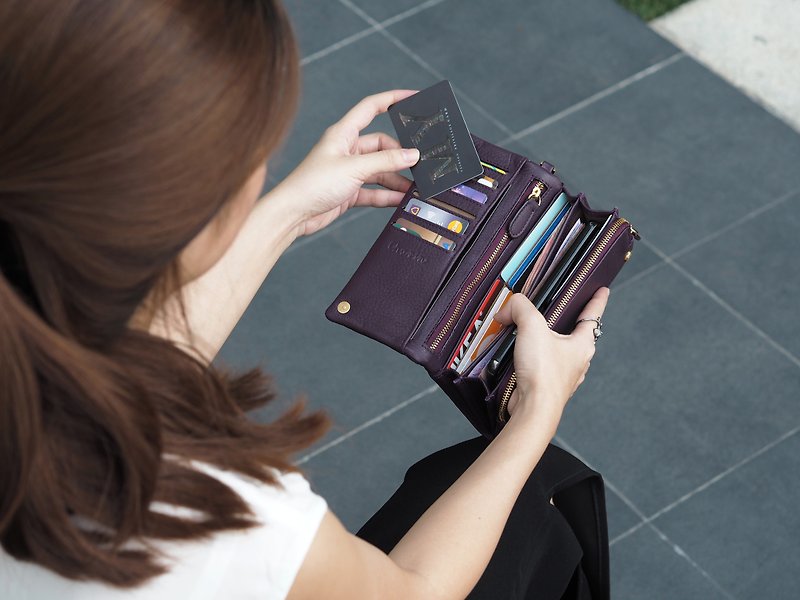 Mousse wallet (Purple): Long wallet, cow leather wallet, purple - กระเป๋าสตางค์ - หนังแท้ สีม่วง
