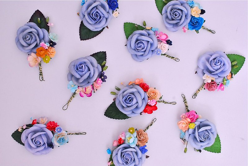  Paper Flower Bouquets, 10 pcs., centerpiece, wooden blue roses, creeping lady,  - Wood, Bamboo & Paper - Paper Blue