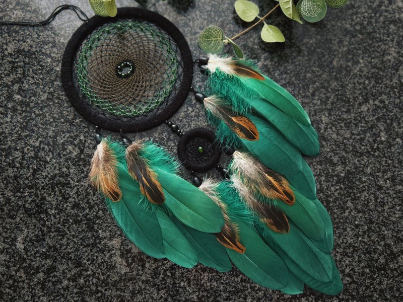 Emerald Green with Black and Rust Brown Dream Catcher - Native American Style - Wall Décor - Thread Green