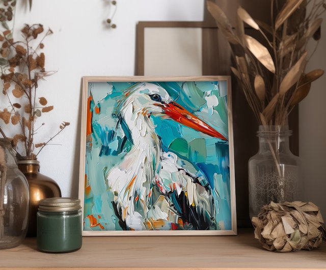 コウノトリ絵画鳥アートオリジナル動物油絵壁アート装飾