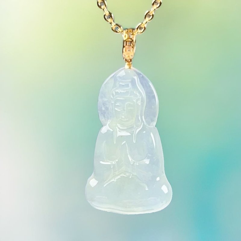 [Mother's Day Special] Ice Jade Guanyin Bodhisattva Necklace 18K Gold Pendant | Natural Burmese Jade Jade - Necklaces - Jade Transparent