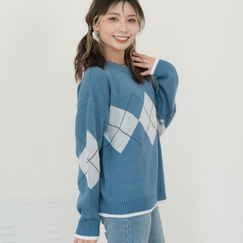 Argyle knitted sweater two colors - Women's Sweaters - Polyester Blue