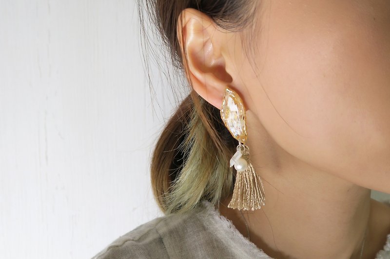OUD Original. Handmade Geometric - Gold Foil Shell Tassel Drop Earring/Clip-on - Earrings & Clip-ons - Pearl Gold