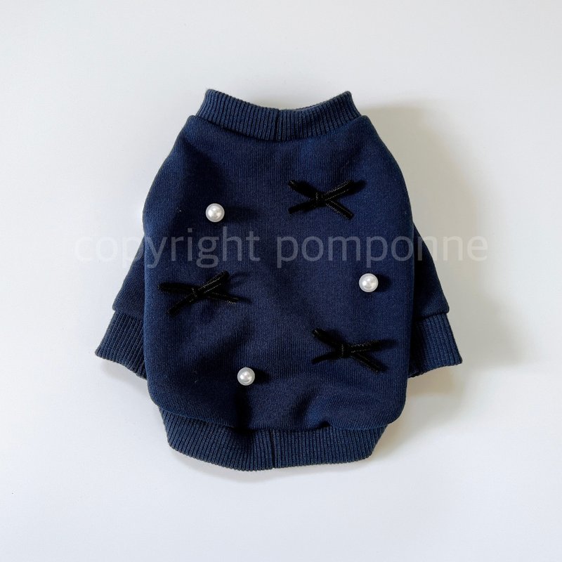 Dog Wear・Pearl & Ribbon Sweatshirt - Navy - ชุดสัตว์เลี้ยง - ผ้าฝ้าย/ผ้าลินิน สีน้ำเงิน