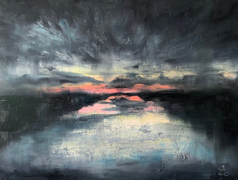 Original Painting Oil On Canvas Sunset Painting Abstract Landscape Painting - Wall Décor - Other Materials Black