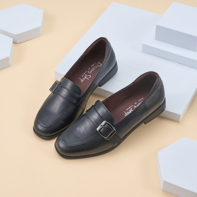 Interview at work_Simple belt buckle square toe loafers black - Women's Oxford Shoes - Genuine Leather Black