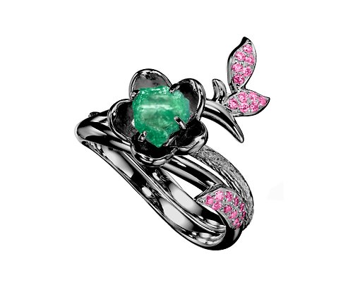 Majade Jewelry Design 祖母綠14k粉紅寶石梅花求婚戒指套裝 獨特植物原石訂婚戒指組合