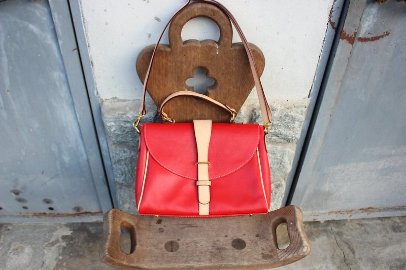 B115[Vintage皮包](義大利製皮標)紅色手提肩背背包(Made in Italy) - 側背包/斜孭袋 - 真皮 紅色