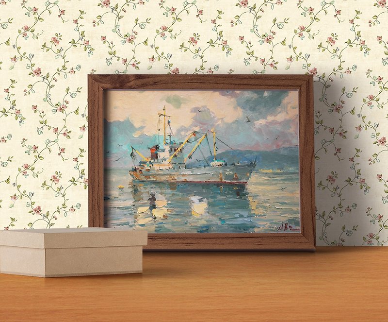 Fishing Boat Sea Original Oil Painting on Canvas Board Original Handmade Art