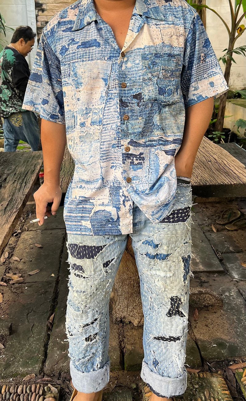 聚酯纖維 男襯衫/休閒襯衫 多色 - Hawaii Shirt (Boro print)