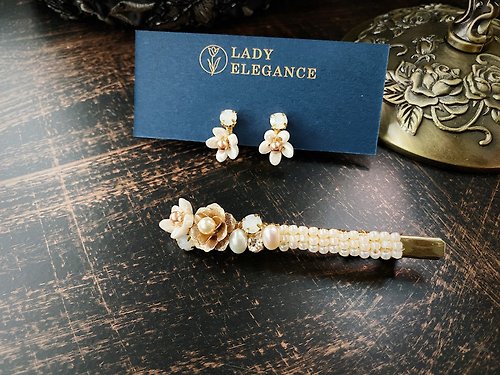 Lady Elegance 繁花珠光 白玉石花長髮夾+耳環