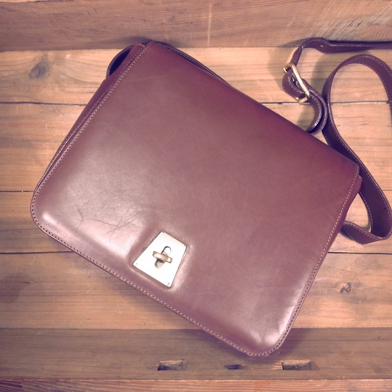 [Bones] CERRUTI 1881 brown leather shoulder bag genuine antique print bag Vintage - กระเป๋าแมสเซนเจอร์ - หนังแท้ สีนำ้ตาล