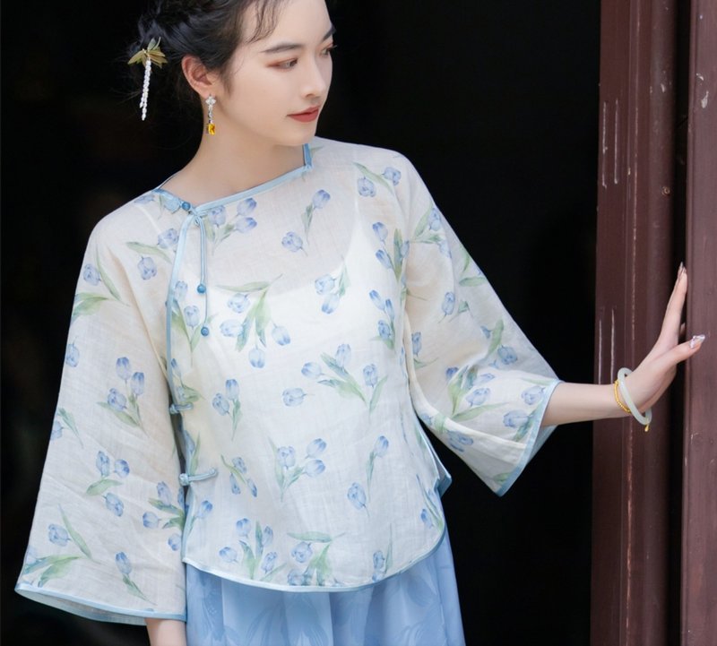 爾雅 新中式 倒大袖盤扣上衣/半裙 - 女上衣/長袖上衣 - 其他材質 藍色