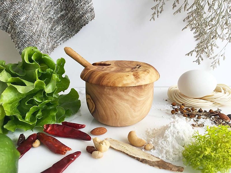 Olive wood Salt Keeper/ Sugar Keeper with spoon - Food Storage - Wood Brown