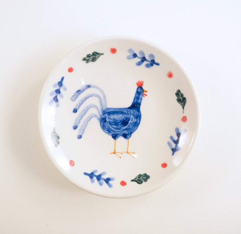 Hand-painted small porcelain plate-blue rooster - Small Plates & Saucers - Porcelain Blue