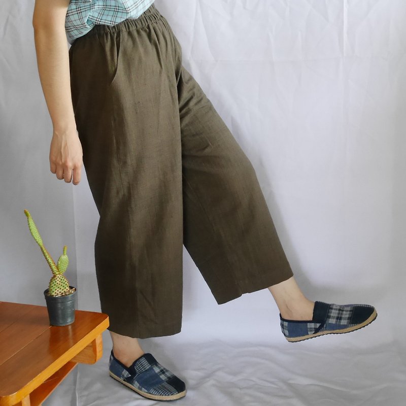 hand-woven cotton fabric long pants (dark brown) - 中性長褲/短褲 - 棉．麻 咖啡色