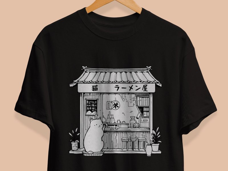 Japanese Ramen Cat Shop Hand Drawn Streetwear 100% Cotton Unisex T-Shirt - 男襯衫/休閒襯衫 - 棉．麻 多色