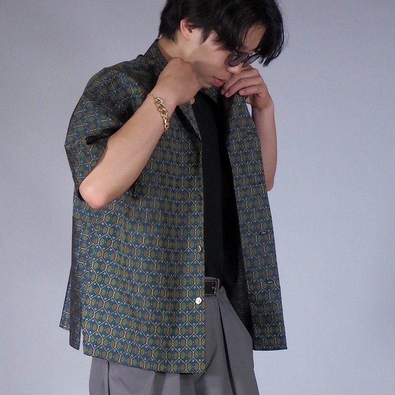 【日本製】翻拍和服襯衫男士 L、短長襯衫男士、給他的禮物 - 男襯衫/休閒襯衫 - 絲．絹 綠色