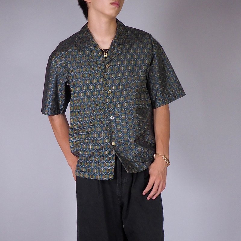 【日本製】翻拍和服襯衫男士 L、短長襯衫男士、給他的禮物 - 男襯衫/休閒襯衫 - 絲．絹 綠色
