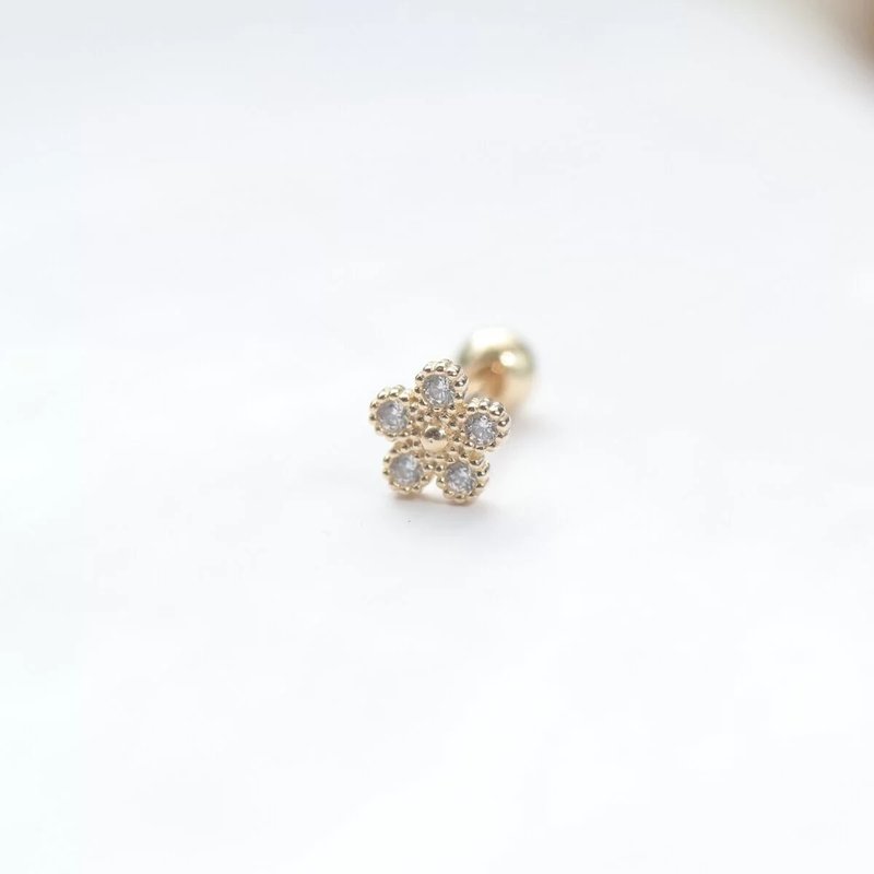 14K 復古小花鎖珠耳環 (單個)耳骨 耳窩 不退色 - 耳環/耳夾/耳骨夾 - 貴金屬 金色