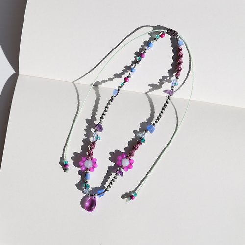 ELBRAZA Water drop flower purple mint blue woven waxed cord choker necklace
