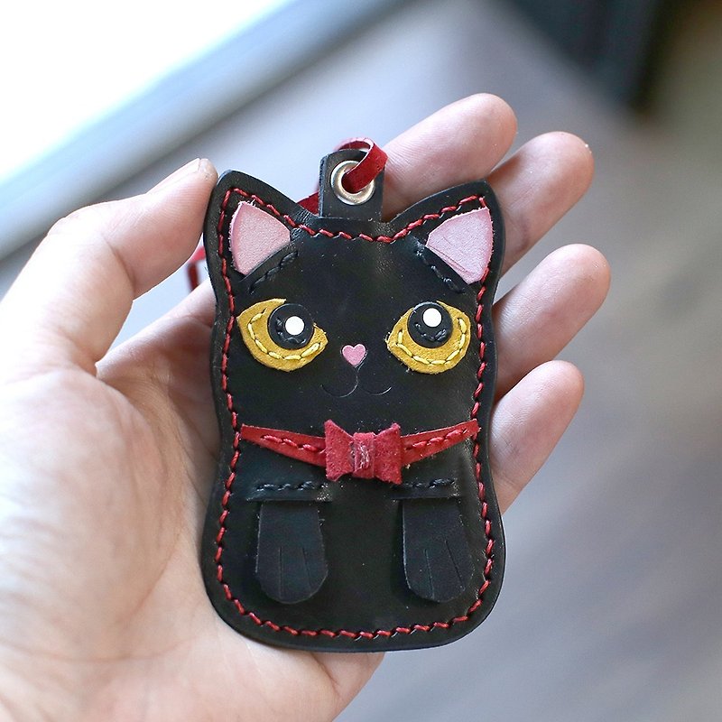 Cat - Black Cat Handmade Leather Charm - พวงกุญแจ - หนังแท้ สีดำ