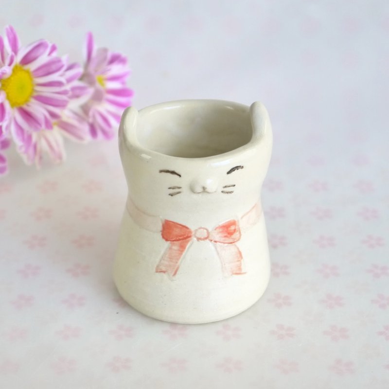 Kitten with red ribbon kitten - Pen & Pencil Holders - Pottery White