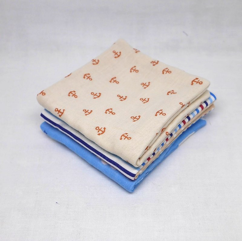 Japanese Handmade 6 layer of gauze mini-handkerchief/ 3 pieces in 1unit - スタイ - コットン・麻 ブルー