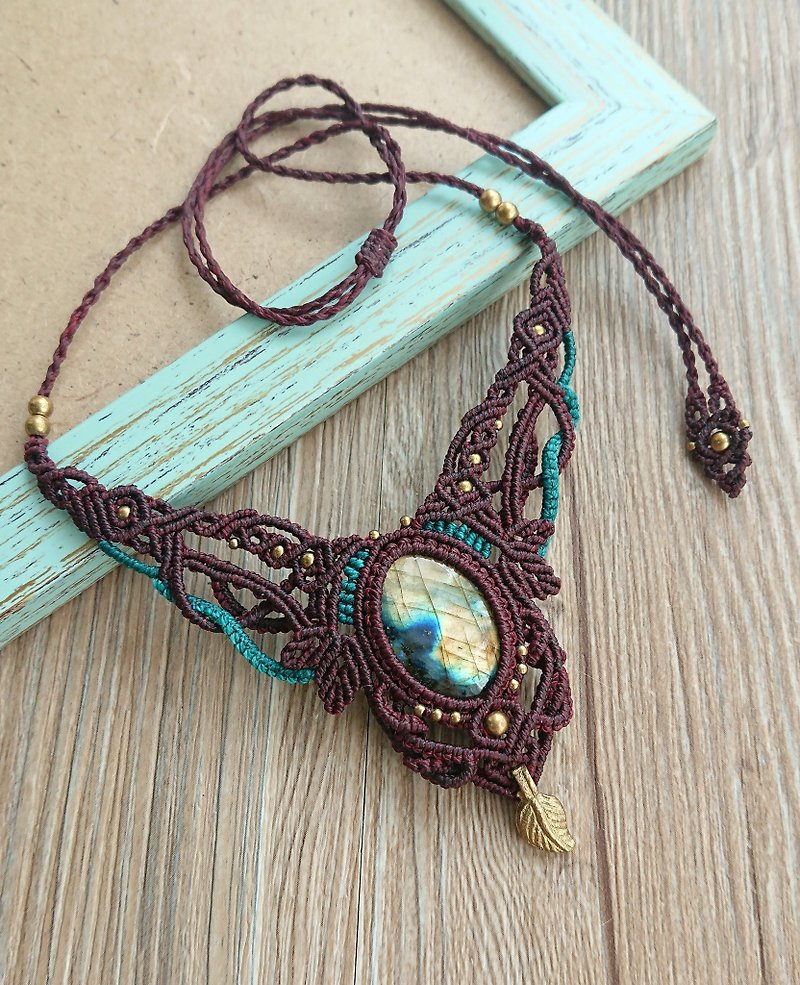 Misssheep N35 - Labradorite Macrame Necklace, Bohemian jewelry - Necklaces - Other Materials Brown