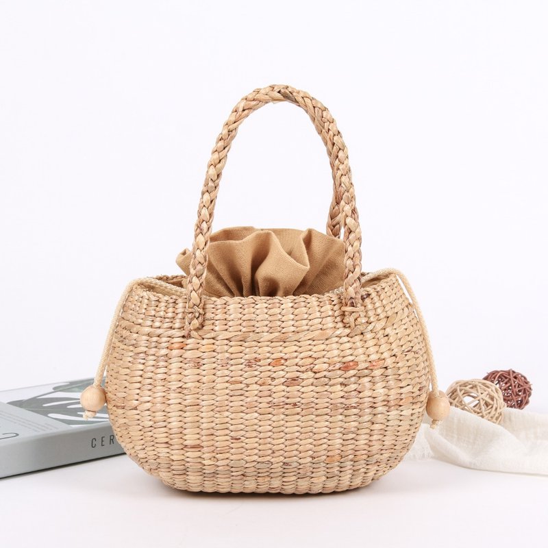 Cute Bucket Tote, Small Straw Bag, Handmade Drawstring Bag, Woven Handbag - Handbags & Totes - Plants & Flowers Brown