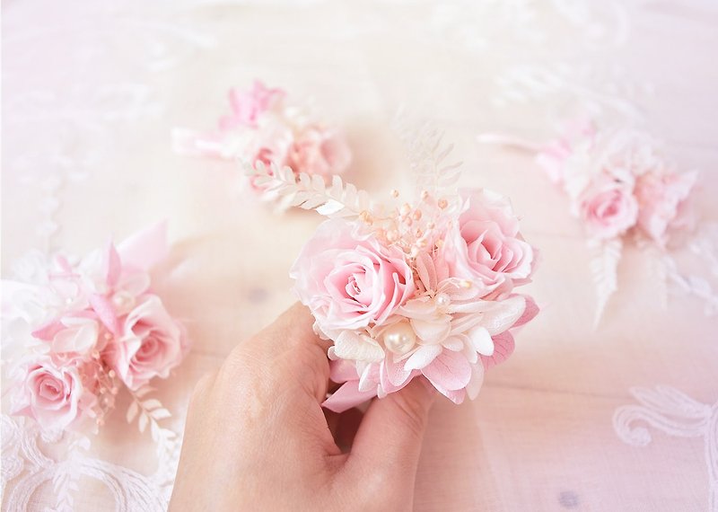 WANYI rose corsage dry flower / eternal flower / not carved / rose / hydrangea / ring / proposal / bridesmaid / wedding - Brooches - Plants & Flowers Pink