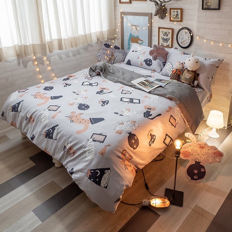 Life Plain Series-Cat Potted 100% Combed Cotton (60 Pieces) Bed Set - เครื่องนอน - ผ้าฝ้าย/ผ้าลินิน สีเทา