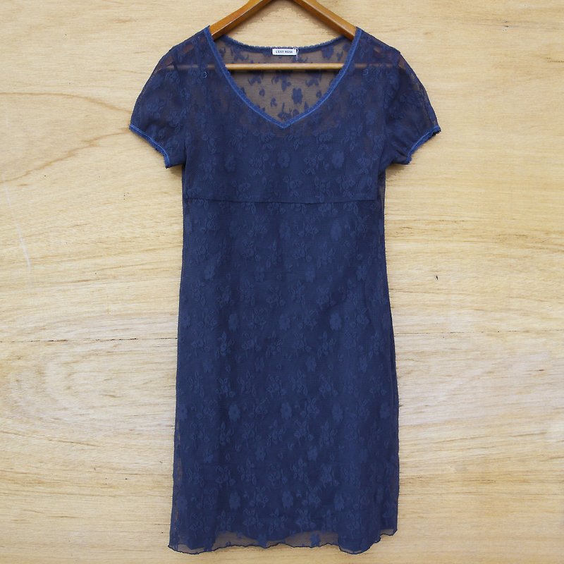 FOAK Ancient leather L'est rose deep blue rose embroidery dress - One Piece Dresses - Polyester Blue
