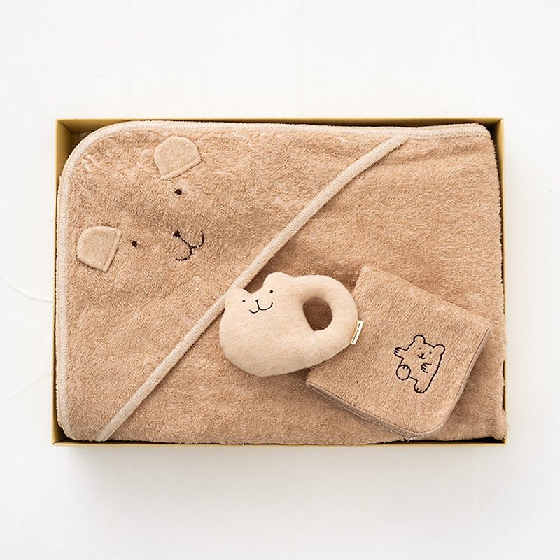 [NEW!!] Gift Set AG-1 100% Organic Cotton Afghan Rattle Mini Towel 3 Piece Set Bear Rabbit Made in Japan - Baby Gift Sets - Cotton & Hemp Brown
