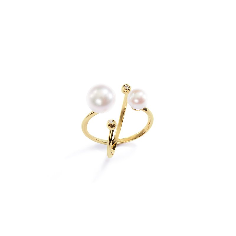 Akoya Mismatched Pearl Ring 925 Silver Thick Plated 18K Gold Grasp 2 Pearls Ring - แหวนทั่วไป - ไข่มุก สีทอง
