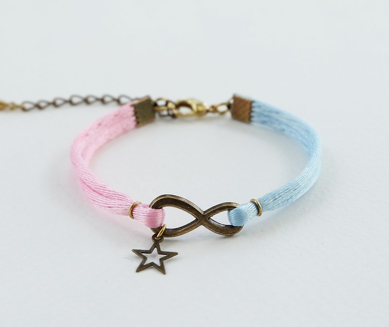 Light pink/Light blue rope with brass Infinity and star bracelet - 手鍊/手環 - 其他材質 粉紅色