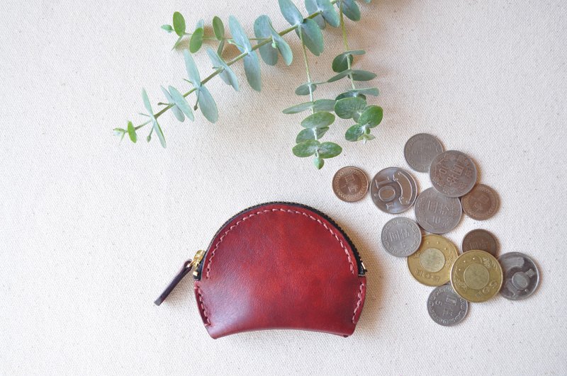 弦月皮革零錢包-棗紅 / 拉鍊零錢包 - 零錢包/小錢包 - 真皮 