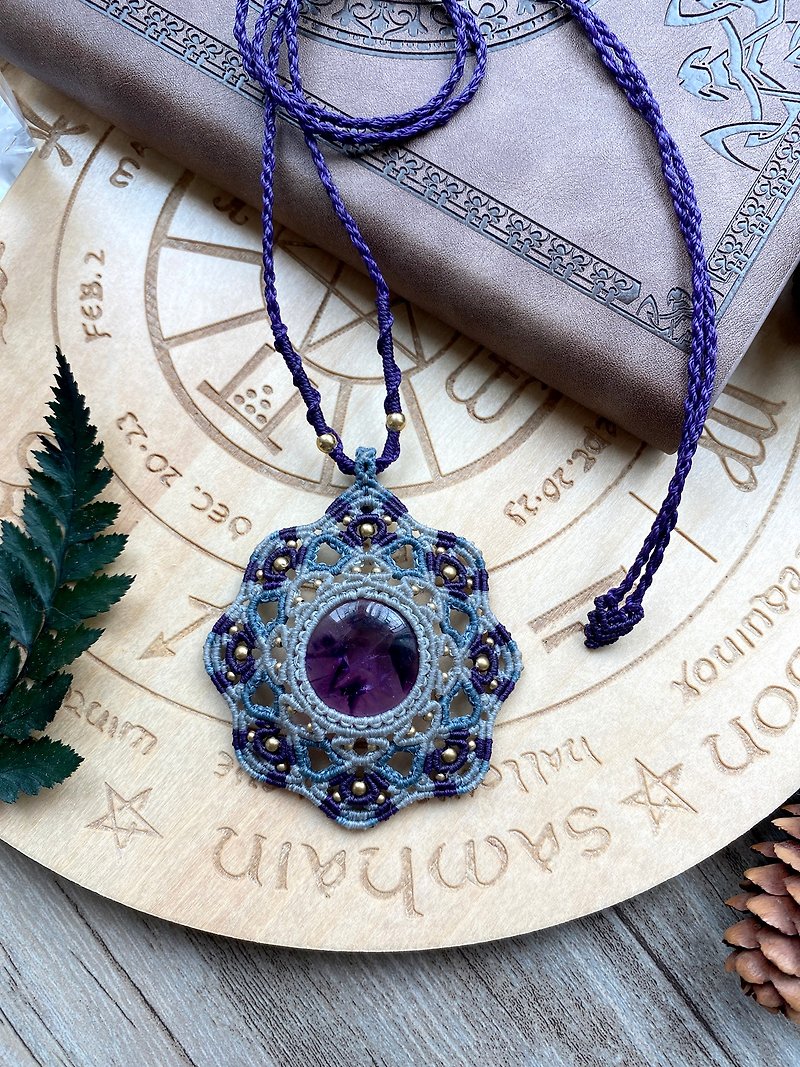 P200 Ethnic South American Wax Thread Woven Amethyst Pendant Necklace - Necklaces - Gemstone Purple