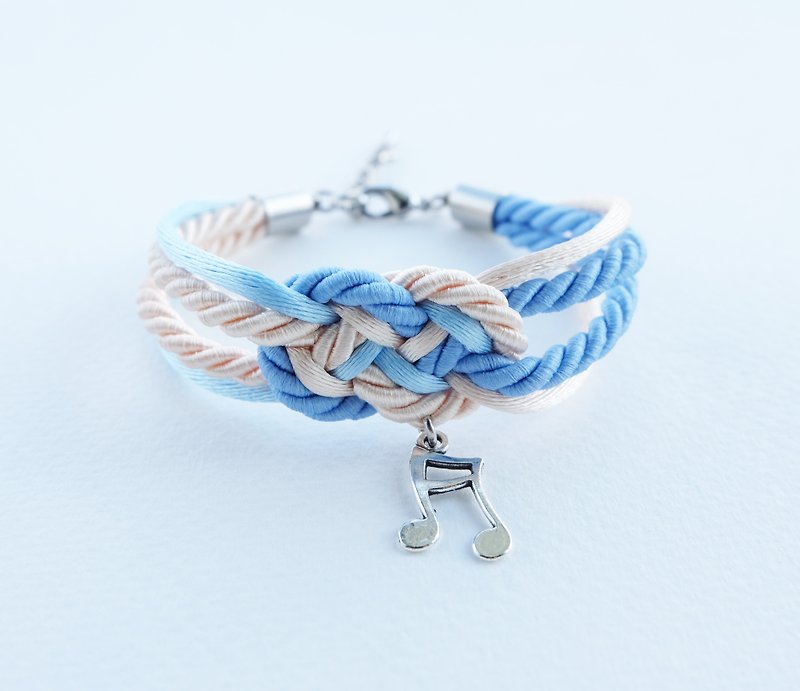 Blue/Cream infinity knot rope bracelet with music note charm - Bracelets - Other Materials Blue