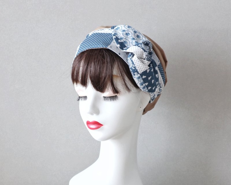 Evening light flower lover sash ribbon and French beige hair turban Medical cap/Care cap Care cap - เครื่องประดับผม - ผ้าฝ้าย/ผ้าลินิน สีน้ำเงิน