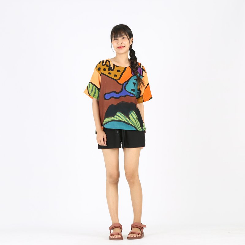 Abstract Cotton Rayon Kimono Blouse Hand Paint Free Size - 女上衣/長袖上衣 - 棉．麻 咖啡色