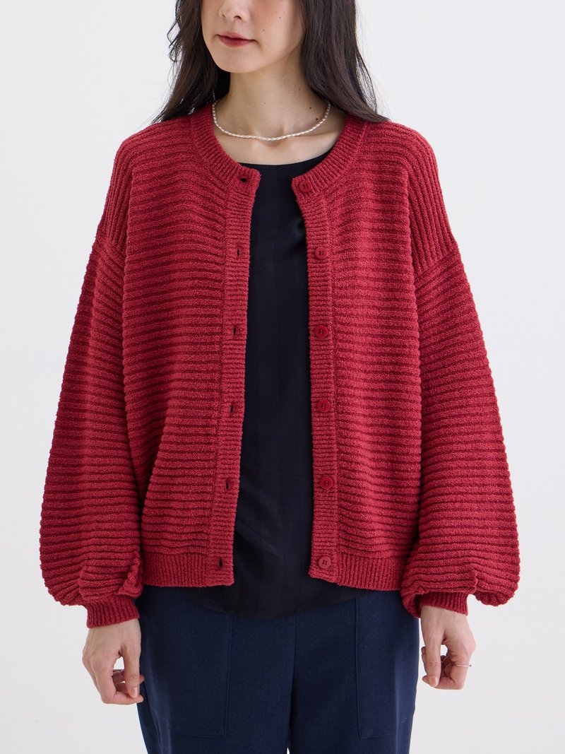 陪你散步泡芙袖針織外套-紅茶 - 女毛衣/針織衫 - 其他人造纖維 紅色