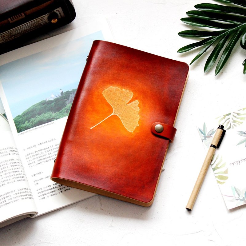 Red brown ginkgo leaf a5 a6 a7 loose-leaf notebook hand book handmade leather notepad stationery - สมุดบันทึก/สมุดปฏิทิน - หนังแท้ สีทอง