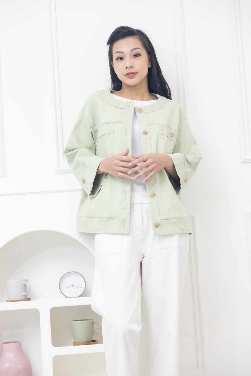 大鈕扣胸兩側口袋外套 蘋果綠色 - 女西裝外套 - 其他材質 綠色