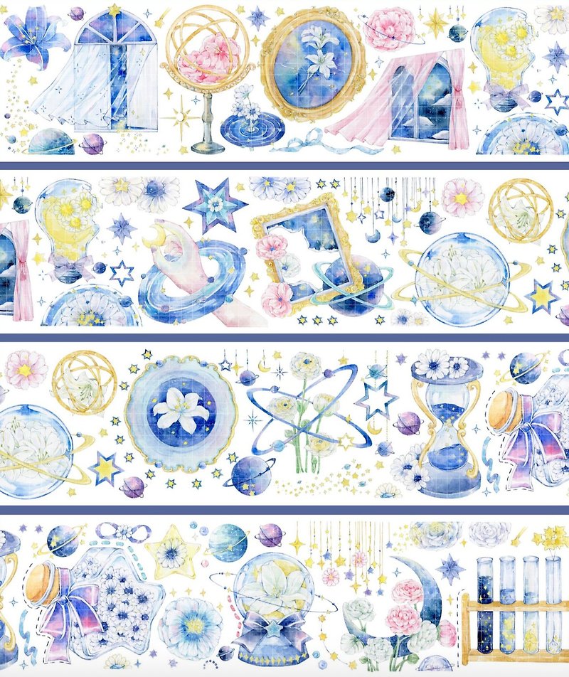 Starry Sky Flower PET Paper Tape Crystal/Laser Taiwan Self-printed 10m Roll - มาสกิ้งเทป - วัสดุอื่นๆ สีน้ำเงิน
