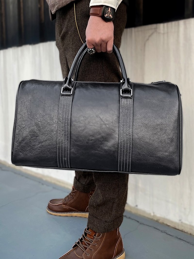 Genuine Leather Boston Bag Large Capacity Luggage Bag Cowhide Travel Bag - กระเป๋าถือ - หนังแท้ สีดำ