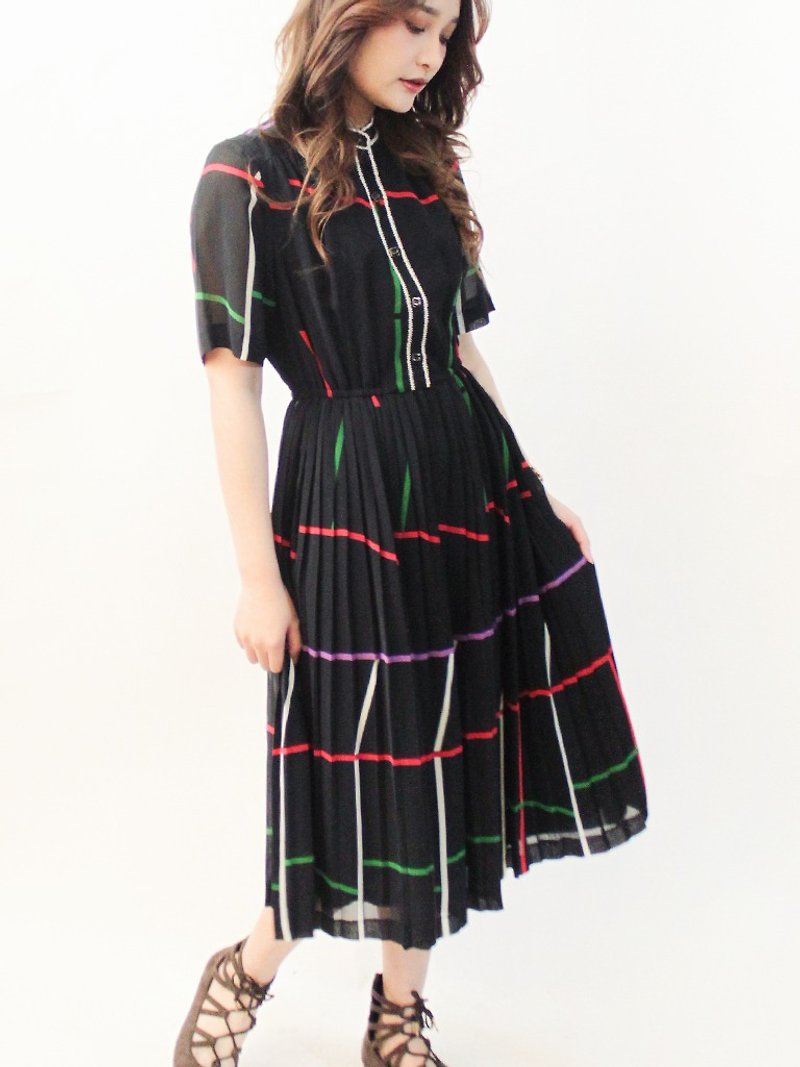 Vintage Spring and Summer Geometric Stripes Plaid Black Short Sleeve Vintage Dress Vintage Dress - One Piece Dresses - Polyester Black